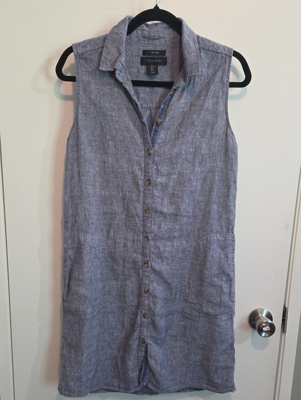Tahari Sleeveless Linen Chambray Shirt Dress